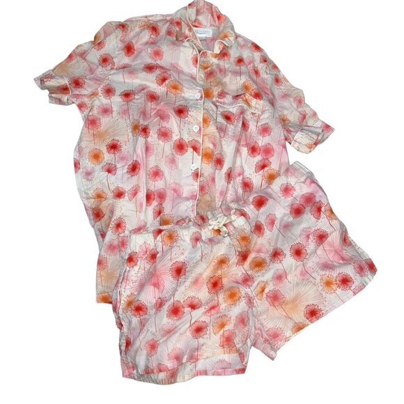 three j nyc pink orange dandelion floral print shorts pajamas L Summer t… - Picture 1 of 6